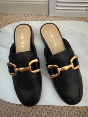 Nine West Black Slip-On Mules with Gold Buckle